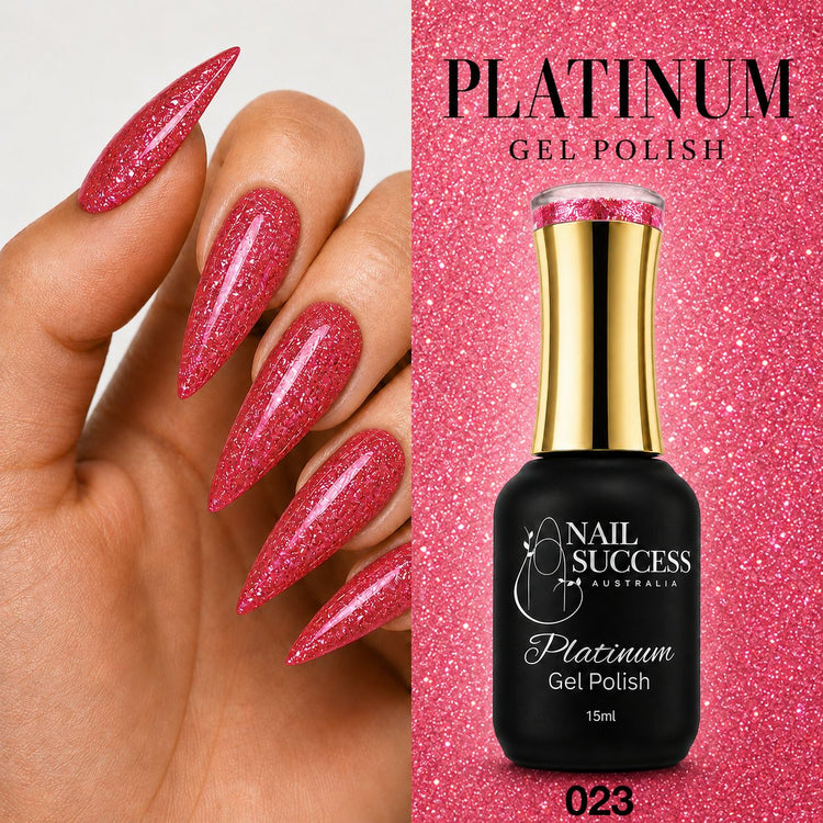 Nail Success Australia Platinum Gel Polish 023 15ml with bright pink textured glitter manicure design