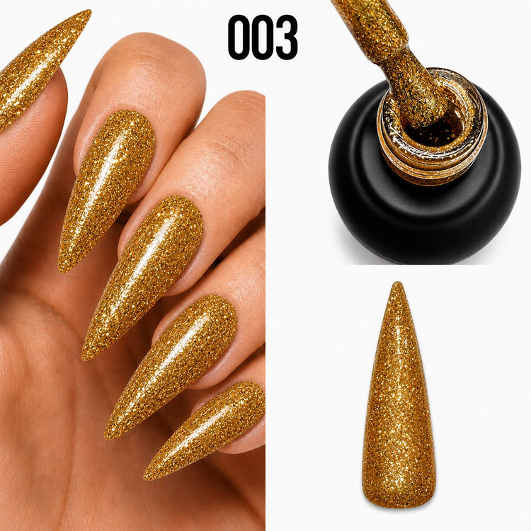Platinum Gel Polish 003 gold textured glitter finish shown on stiletto nails, brush and nail swatch, Nail Success Australia