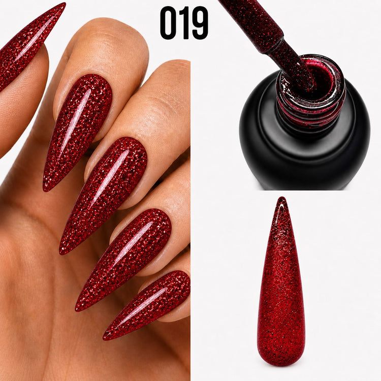 Platinum Gel Polish 019 red textured glitter finish shown on stiletto nails, brush and nail swatch, Nail Success Australia