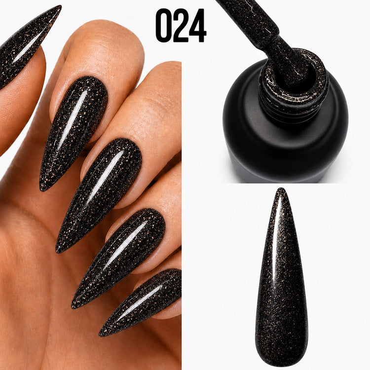 Platinum Gel Polish 024 black textured glitter finish shown on stiletto nails, brush and nail swatch, Nail Success Australia