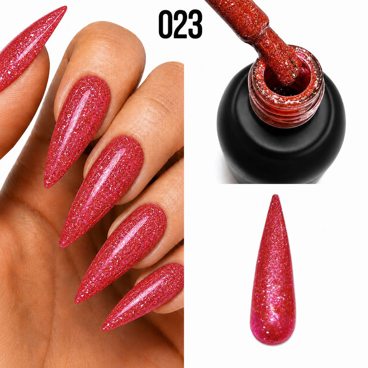 Platinum Gel Polish 023 bright pink textured glitter finish shown on stiletto nails, brush and nail swatch, Nail Success Australia