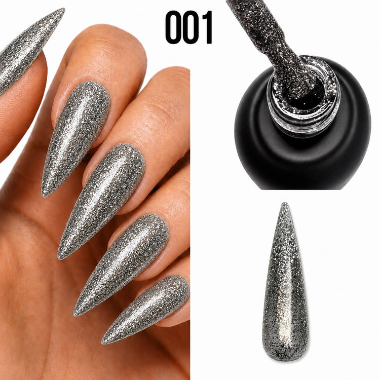 Platinum Gel Polish 001 silver textured glitter finish shown on stiletto nails, brush and nail swatch, Nail Success Australia