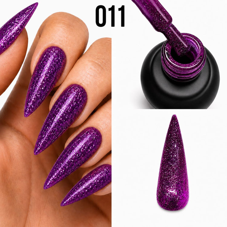 Platinum Gel Polish 011 purple textured glitter finish shown on stiletto nails, brush and nail swatch, Nail Success Australia