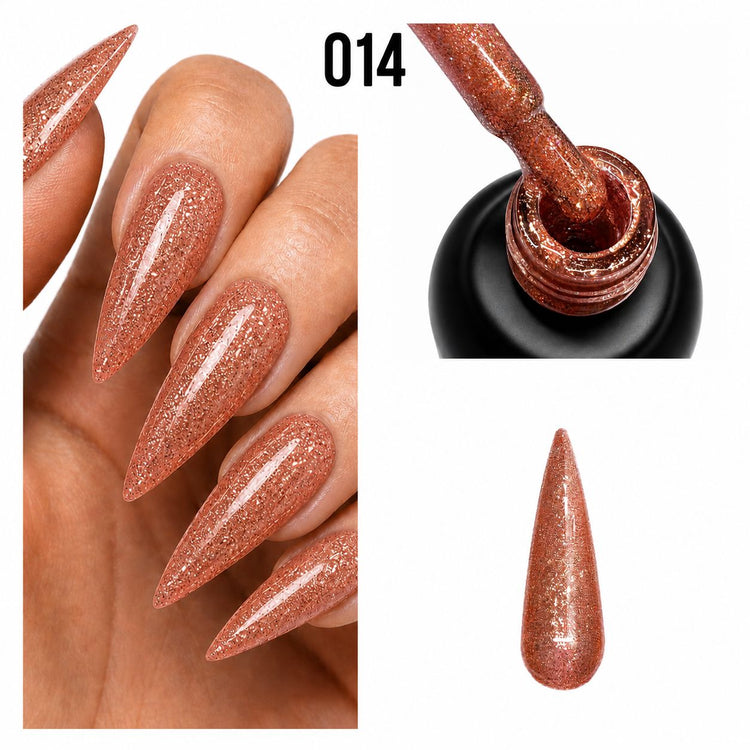 Platinum Gel Polish 014 soft peach textured glitter finish shown on stiletto nails, brush and nail swatch, Nail Success Australia