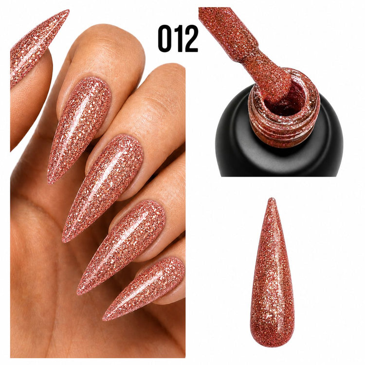 Platinum Gel Polish 012 rose gold textured glitter finish shown on stiletto nails, brush and nail swatch, Nail Success Australia