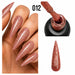 Platinum Gel Polish 012 rose gold textured glitter finish shown on stiletto nails, brush and nail swatch, Nail Success Australia