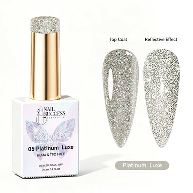 Nail Success Australia Platinum Luxe reflective glitter gel polish with top coat and reflective effect swatches