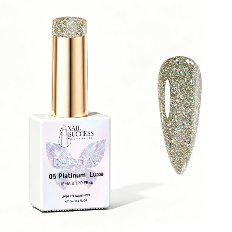 Nail Success Australia Platinum Luxe reflective glitter gel polish bottle with glossy platinum nail colour swatch