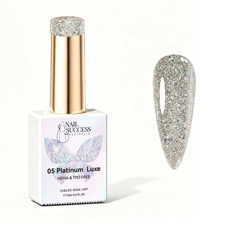 Nail Success Australia Platinum Luxe reflective glitter gel polish bottle with glossy platinum nail colour swatch