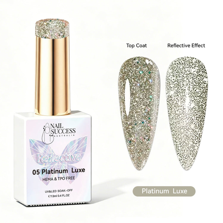Nail Success Australia Platinum Luxe reflective glitter gel polish with top coat and reflective effect swatches