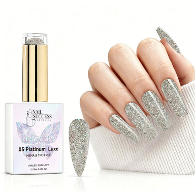 Platinum Luxe reflective gel polish with champagne silver glitter swatch and matching manicure for HEMA and TPO free salon nails