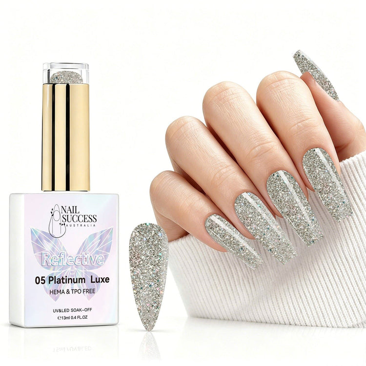Platinum Luxe reflective gel polish with champagne silver glitter swatch and matching manicure for HEMA and TPO free salon nails