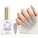 Platinum Luxe reflective gel polish with champagne silver glitter swatch and matching manicure for HEMA and TPO free salon nails