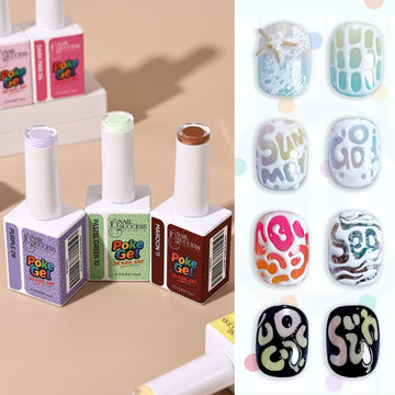 Nail Success Australia Poke Gel 3D Nail Art — Purple 09, Pastel Green 10 and Maroon 11 bottles with raised lettering/texture nail swatches