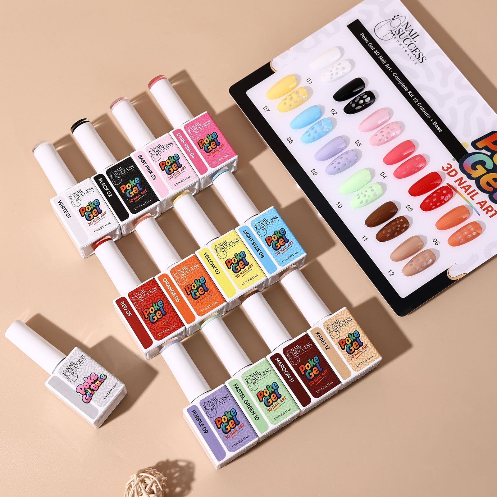 Nail Success Australia Poke Gel 3D Nail Art — full set of 12 colours plus Base with matching swatch chart on beige background