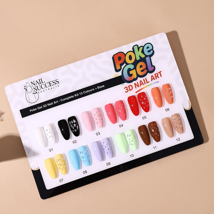 Nail Success Australia Poke Gel 3D Nail Art kit colour chart — 12 shades (01–12) plus base for raised “poke” dot designs