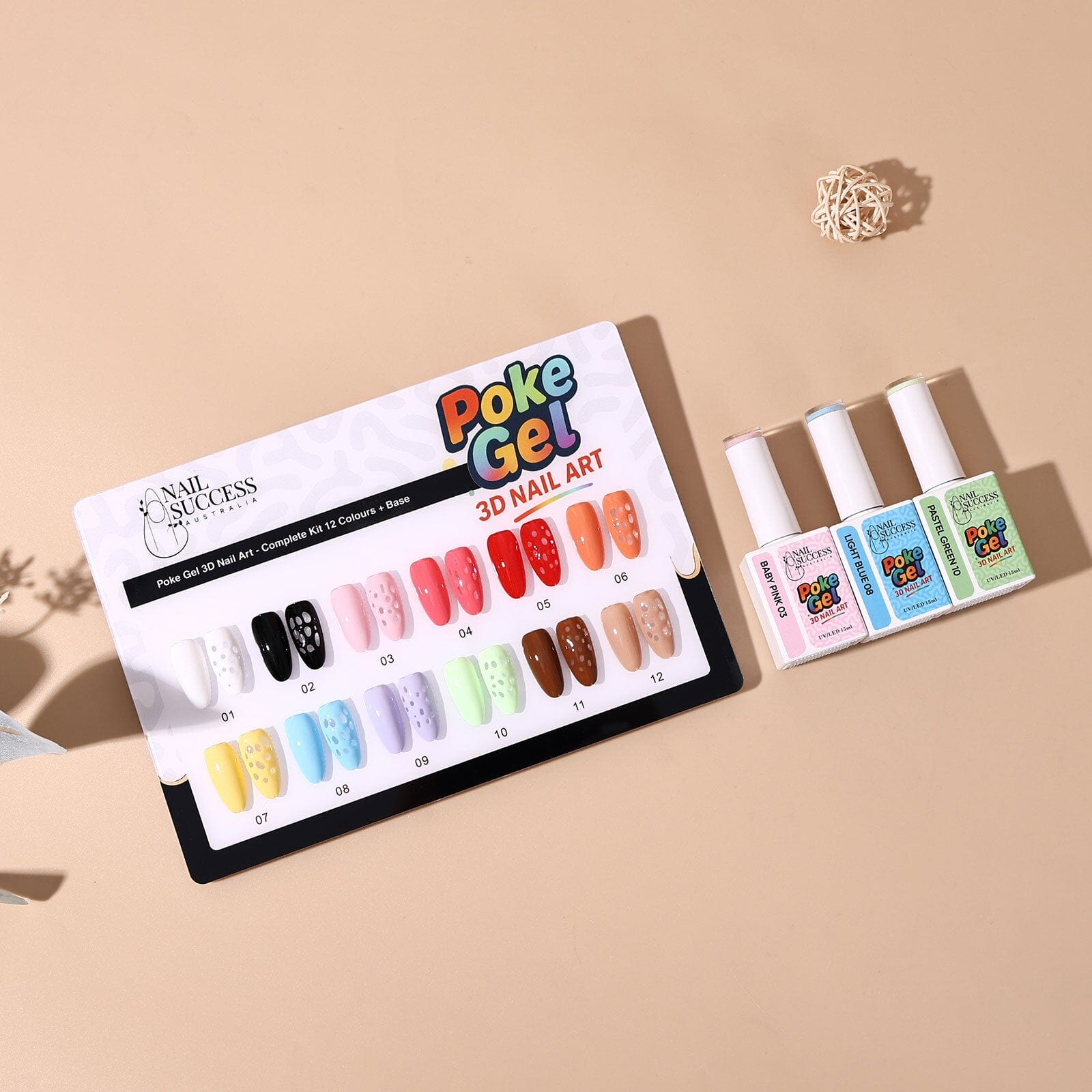 Nail Success Australia Poke Gel 3D Nail Art kit—swatch board of 12 colours plus base, with four gel bottles on beige background