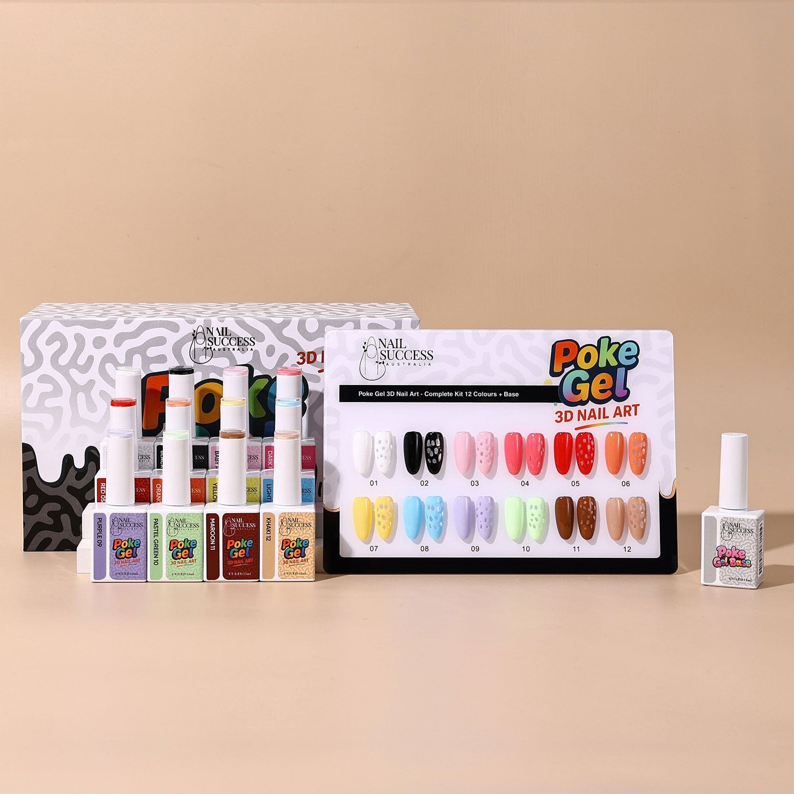 Nail Success Australia Poke Gel 3D Nail Art kit — 12 colours + base, box and colour chart