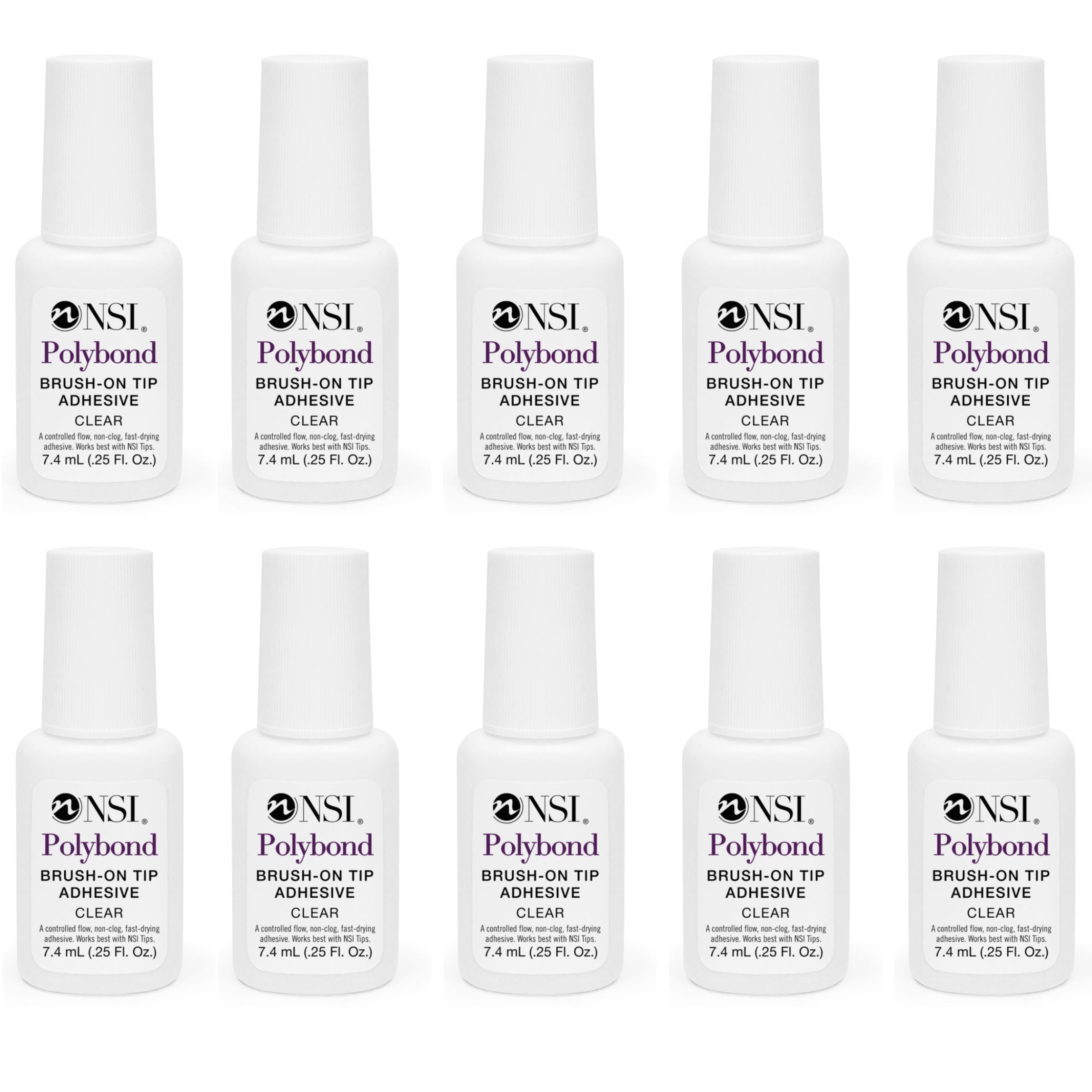 NSI Polybond Brush-On Tip Adhesive clear 7.4 mL — 10-pack of professional brush-on nail tip glue, fast-drying