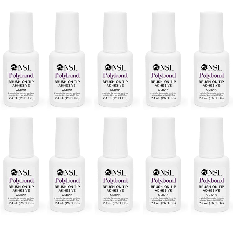NSI Polybond Brush-On Tip Adhesive clear 7.4 mL — 10-pack of professional brush-on nail tip glue, fast-drying