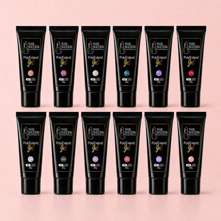 Nail Success PolyExtend Gel In A Tube, full 12 colour range of poly gel tubes
