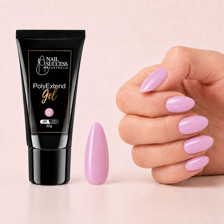 LED nail extension gel shown with glossy pink almond nails