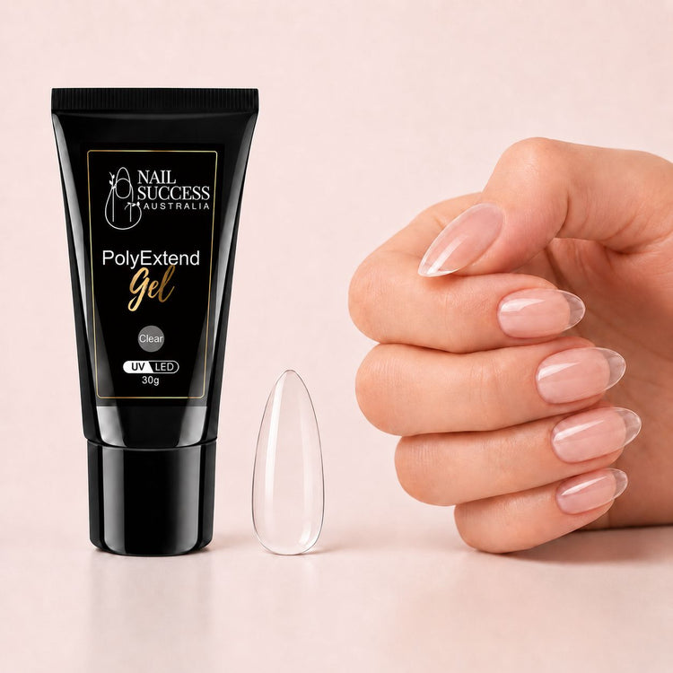LED nail extension gel shown with transparent almond nails