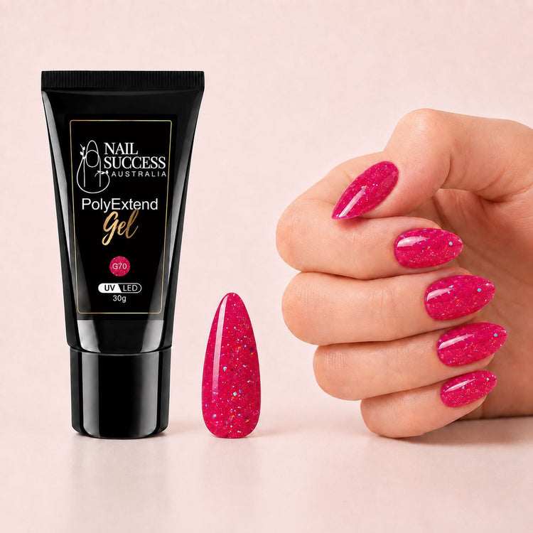 LED nail extension gel shown with bright pink glitter almond nails