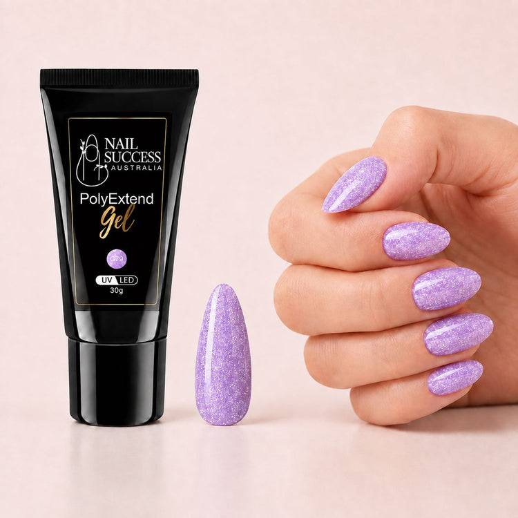 LED nail extension gel shown with lilac glitter almond nails