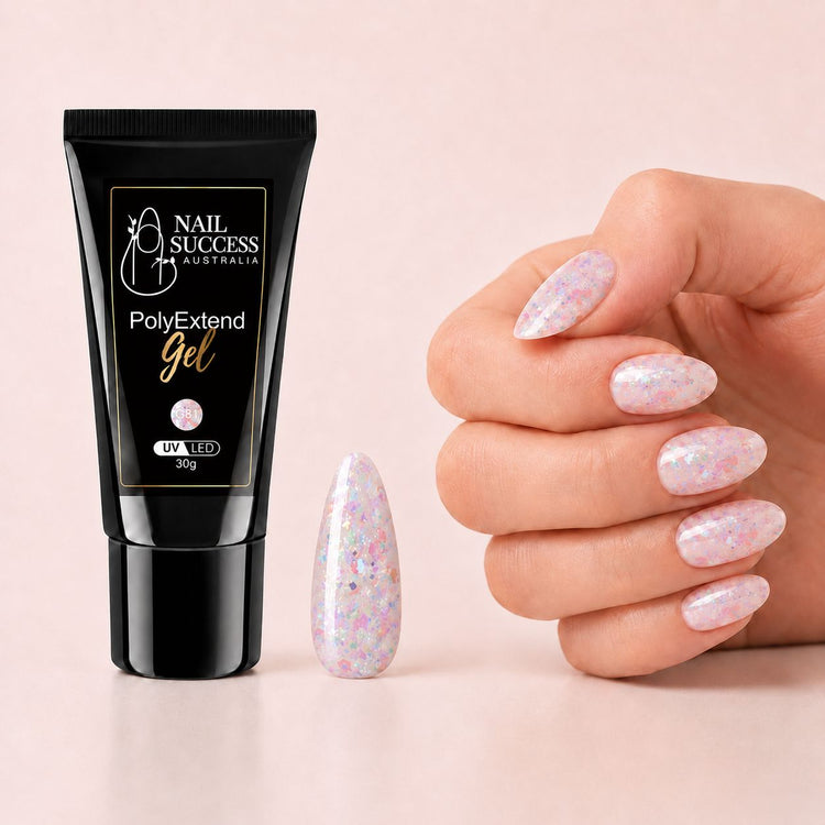 LED nail extension gel shown with pastel confetti-glitter almond nails