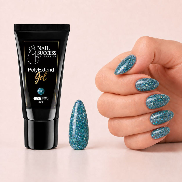 LED nail extension gel shown with teal-blue glitter almond nails