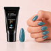 LED nail extension gel shown with teal-blue glitter almond nails