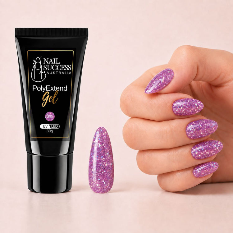 LED nail extension gel shown with purple glitter almond nails