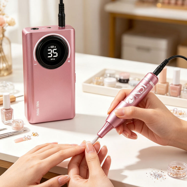 Pink advanced portable electric nail drill with digital speed display used for professional manicure filing