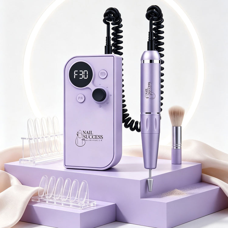 Purple portable electric nail drill with digital speed display and professional handpiece for manicure filing