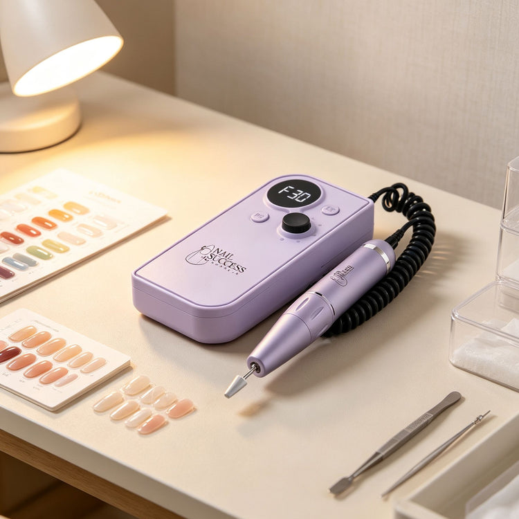 Purple portable electric nail drill with digital speed display and handpiece on a professional manicure table.