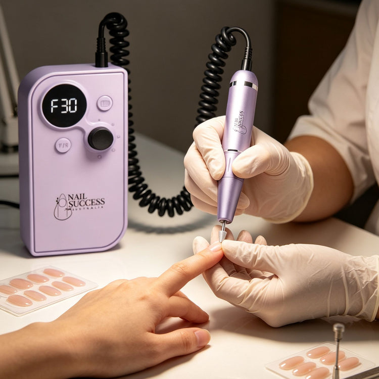Professional portable electric nail drill used by a nail technician for manicure preparation and filing