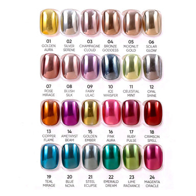 Premium chrome powder nail colour chart featuring 24 mirror-finish shades from gold, silver, pink, red, blue and green