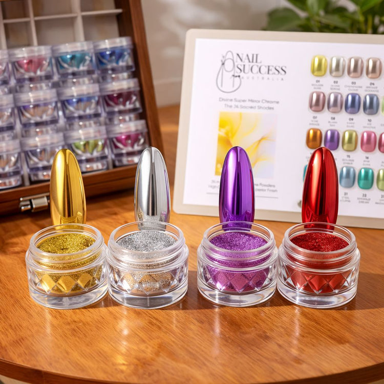 Premium chrome powder nail kit display with mirror-finish nail samples and chrome pigment jars in gold, silver, purple and red