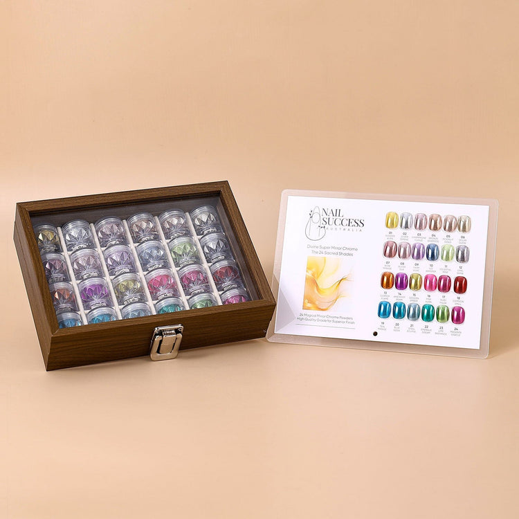 Nail Success Australia 24-colour mirror chrome powder set with wooden storage box and shade swatch chart