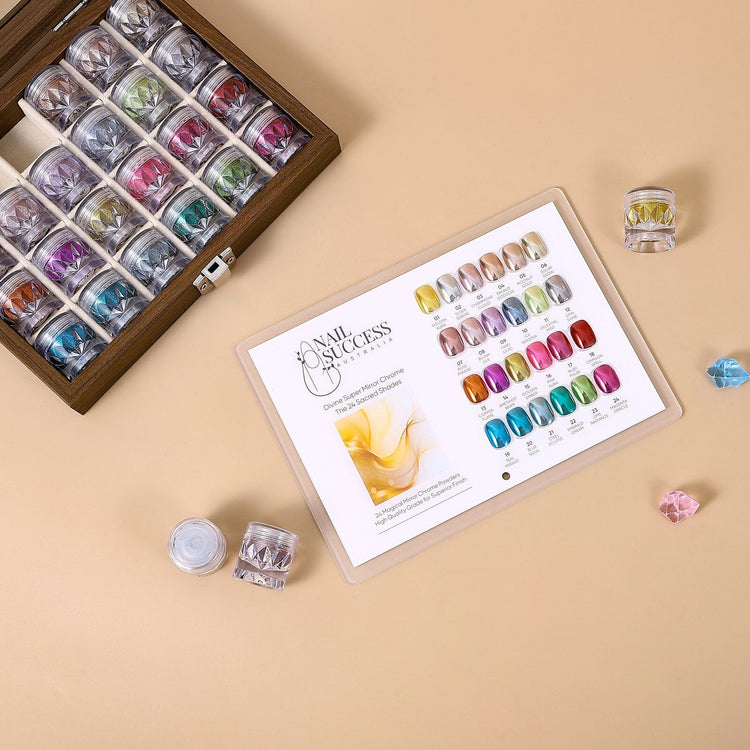 Nail Success Australia 24-colour mirror chrome nail powder set with wooden storage box and shade chart display
