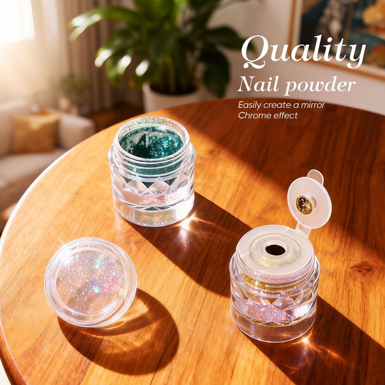 Chrome nail powder set in clear jars on sunlit wooden table, mirror-effect nail pigment for nail art
