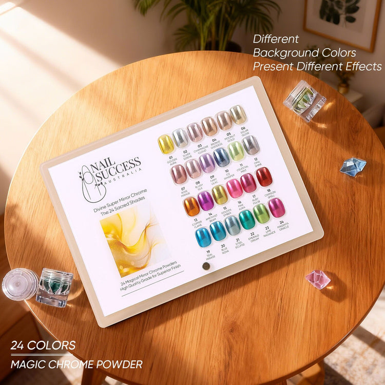 24 color magic chrome nail powder swatch chart on wooden table with chrome pigment jars