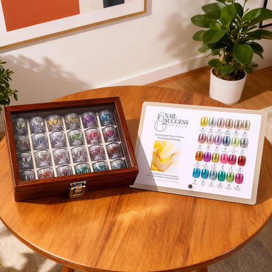 Nail Success Australia 24-color magic chrome powder set with pigment jars in wooden case and swatch chart