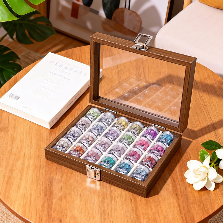 24-color chrome nail powder set in wooden storage box with clear lid, individual pigment jars displayed on wooden table