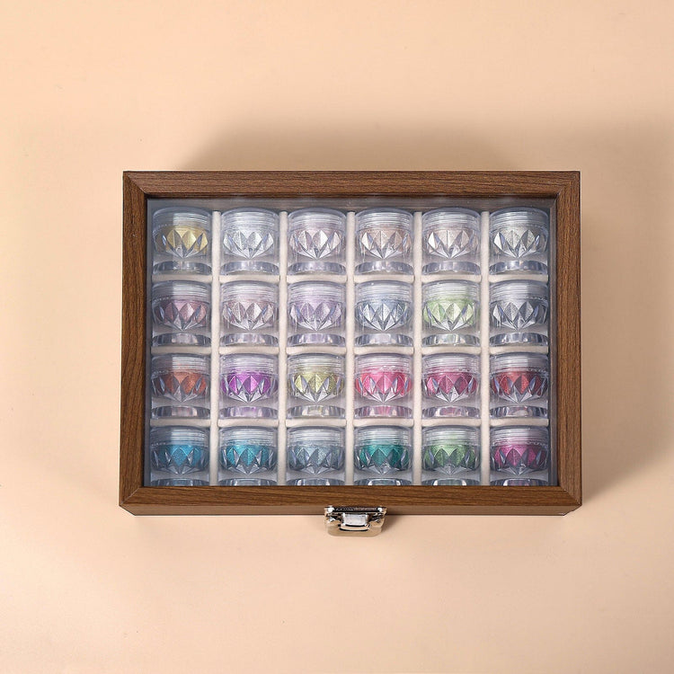 Nail Success Australia 24-colour mirror chrome nail powder set in wooden storage box (sealed jars)