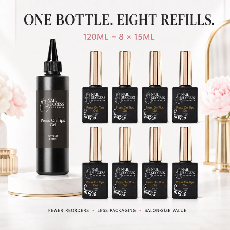 Nail Success Australia Press On Tips Gel 120 ml refill beside eight 15 ml bottles, demonstrating equivalent product volume.
