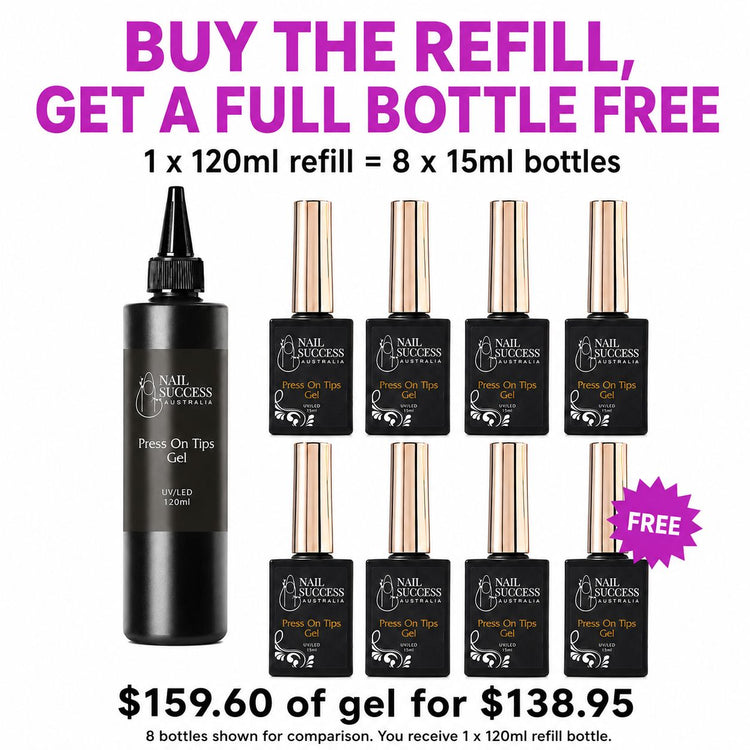 Nail Success Australia Press On Tips Gel 120 ml refill for $138.95, equivalent to eight 15 ml bottles valued at $159.60.
