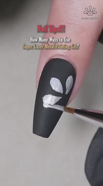 Born Pretty Super Laser metallic gel tutorial showing a silver holographic finish and floral nail art painted over a black base.

