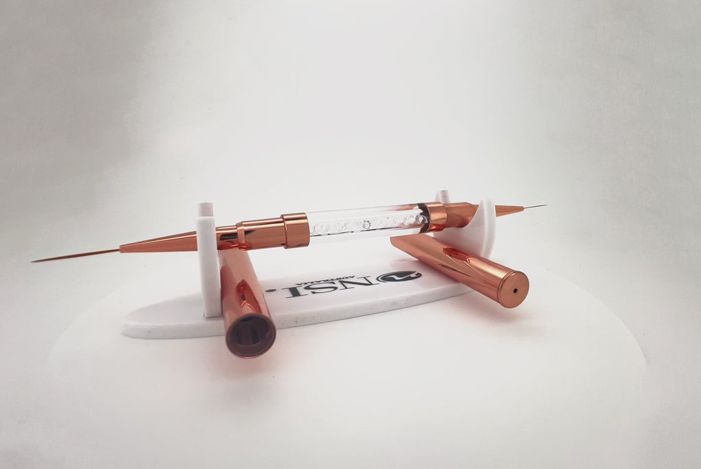 NSI Australia double-ended nail brush 02 — rose-gold crystal handle with caps, extra-long fine liner tips 11 mm & 18 mm for nail art